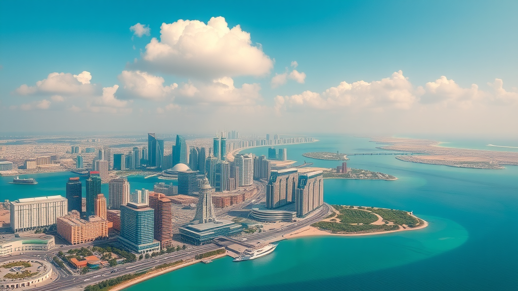 Scenic aerial view of Doha cityscape, bustling atmosphere, showcasing iconic skyline and turquoise Gulf waters. Modern skyscrapers and lush waterfront surroundings.