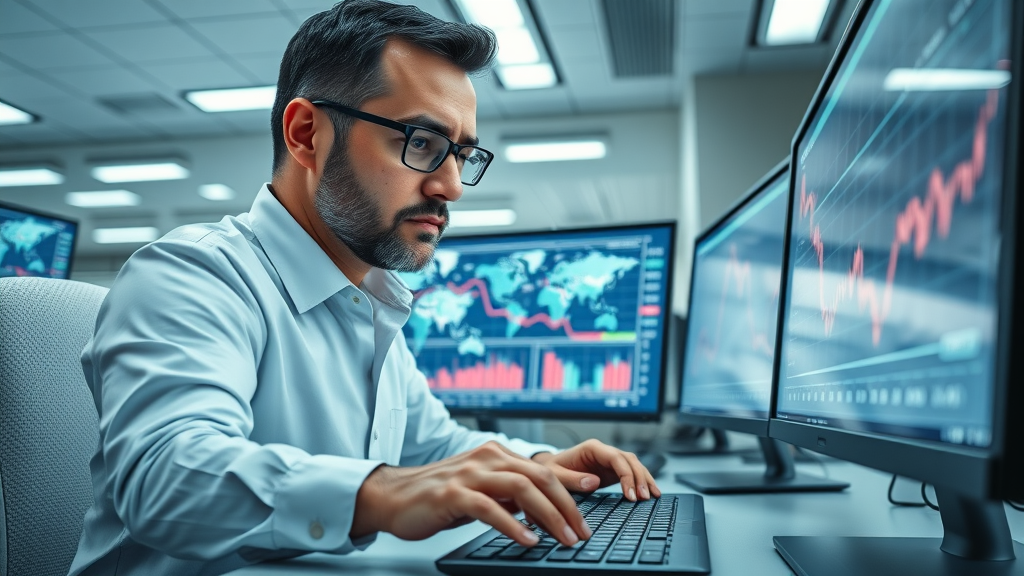 analytical economist studying economic charts qatar business news global data screens