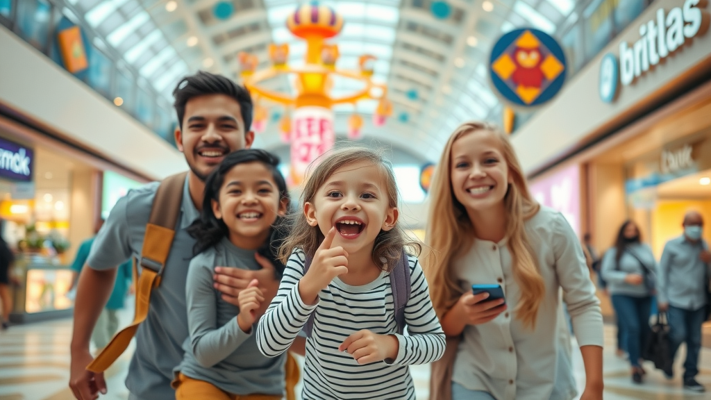 Fun-filled family at Doha Festival City, joyful expressions, exploring shopping areas, background of theme park rides and vibrant retail signs.