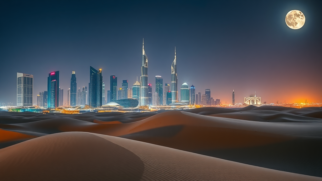 Vibrant composition of Doha city skyline merging with desert dunes, symbolizing the blend of urban culture and desert safaris in doha desert tours.