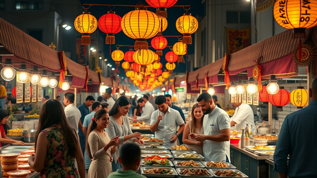Lively Qatari street food market at night, families sharing traditional dishes, traditional market, festival atmosphere, chefs preparing food, cultural sites in doha