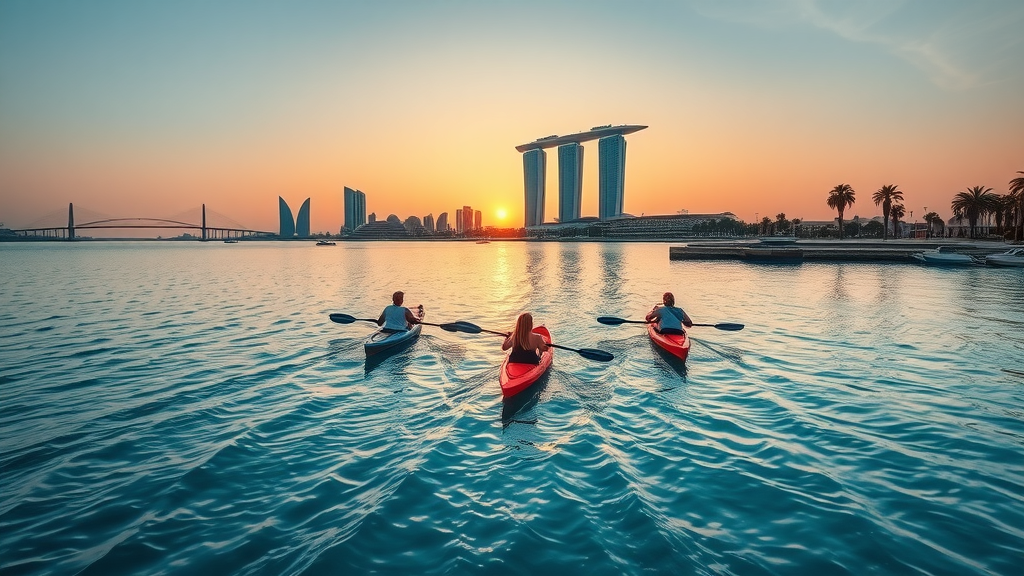 West Bay kayakers gliding over turquoise water at sunset, Doha skyline in the background