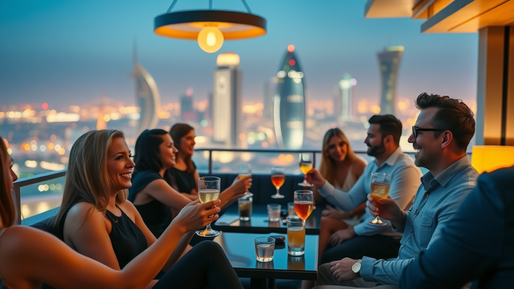 Chic Doha rooftop lounge with city skyline, signature cocktails, and live music nightlife experience
