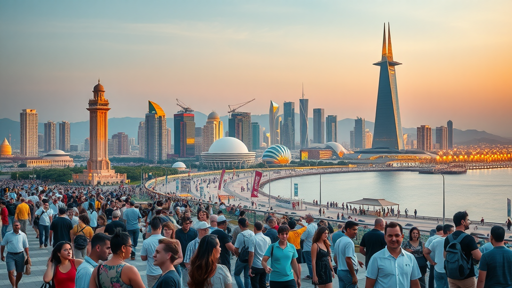 Vibrant Doha cityscape bustling with tourists, iconic landmarks, panoramic Doha skyline and waterfront during golden hour
