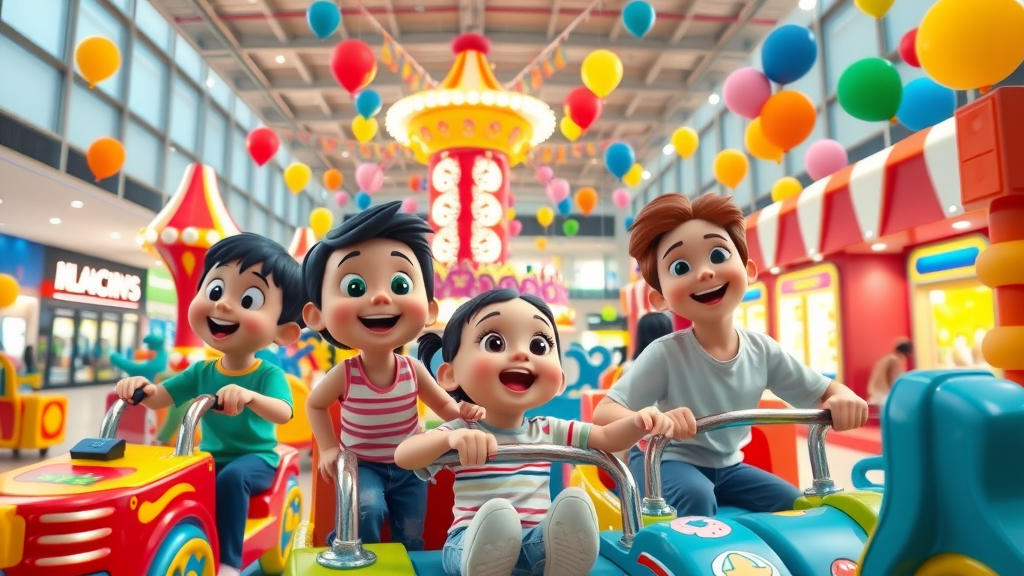 doha mall playful indoor amusement park scene children parents joyful enjoying rides games vibrant amusement park rides balloons exhibits