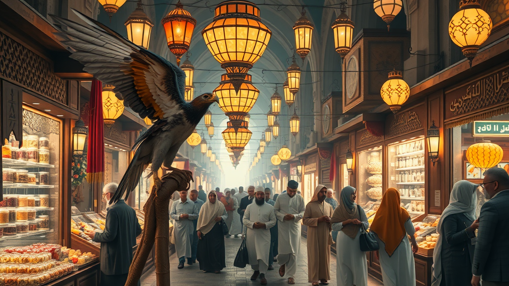 Street scene at Souq Waqif in Doha with bustling vendors, market stalls, people in traditional Qatari dress, falcons, crafts, and spices; Middle Eastern bazaar ambiance. souq waqif doha