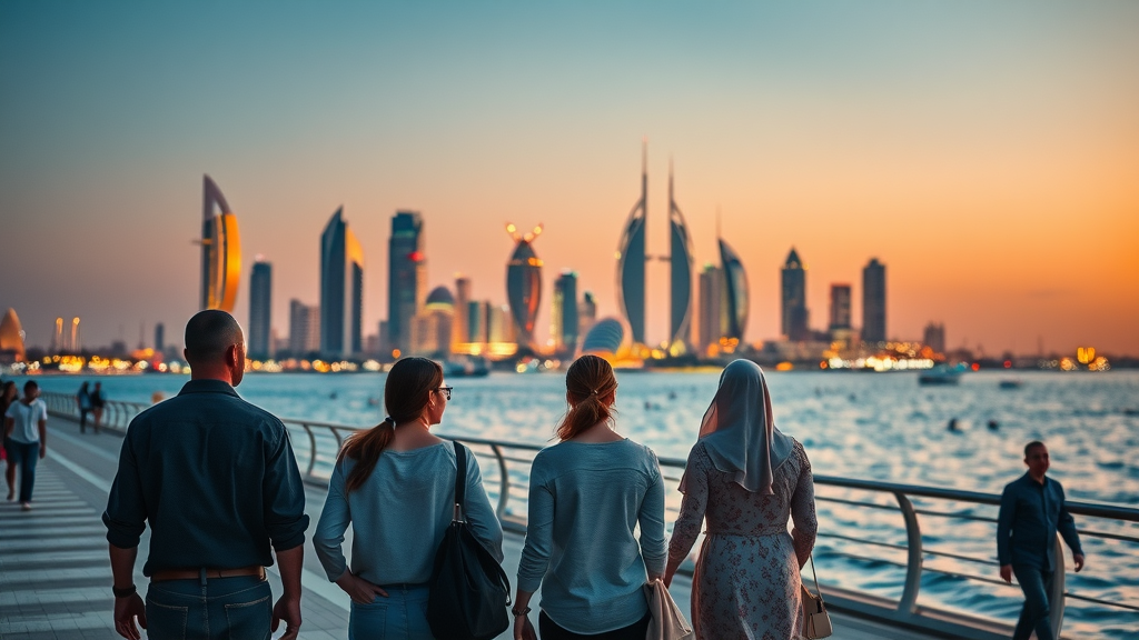 Stunning Doha Corniche at sunset, couples and families gazing at skyline, waterfront promenade with city skyscrapers glowing