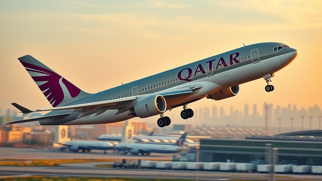 Qatar Airways airplane taking off with national flag at Hamad International Airport, symbolizing Qatar current events and global links