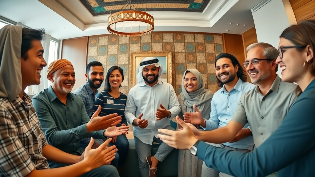 Inspired expats and locals in group discussion, connected by Qatar current events in modern meeting space