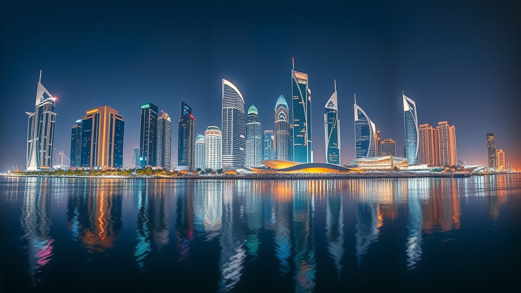 Vivid nighttime West Bay skyline in Doha, lit skyscrapers and city lights reflected in still water. west bay doha tourist attractions