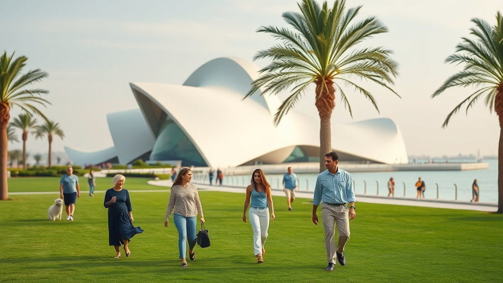 Families and visitors outside the Museum of Islamic Art, lush lawns and palm trees, Doha waterfront