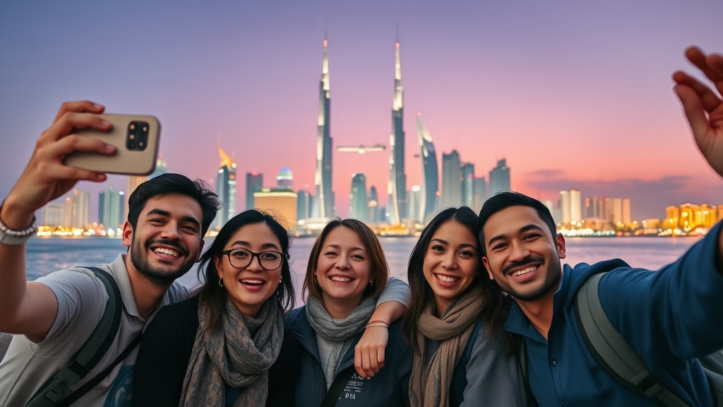 Happy travelers taking selfies with the Doha skyline at dusk - start your best things to do in Doha Qatar journey
