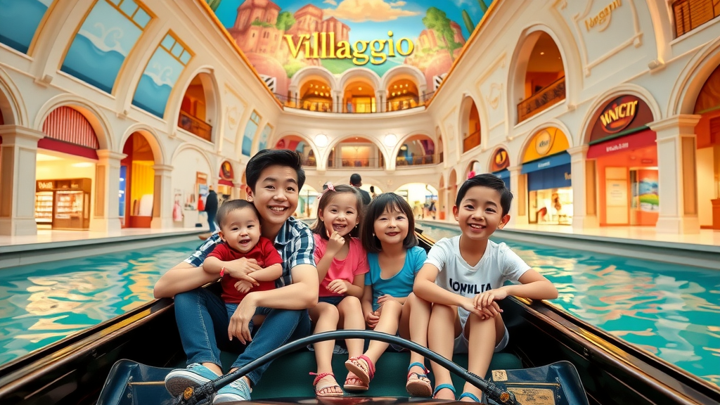 Venetian-inspired interior of Villaggio Mall, families on gondola ride, vibrant shops and painted sky ceiling, doha sightseeing