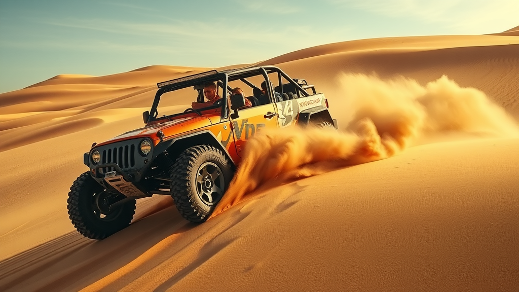 Dramatic off-road vehicle climbing golden sand dunes, exhilarating dune bashing adventure in the Doha desert.