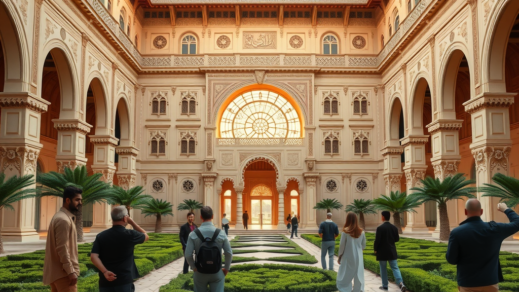 Historic Al Thani palace in Doha, golden hour light and grand Qatari detailing - al thani legacy in Doha Qatar