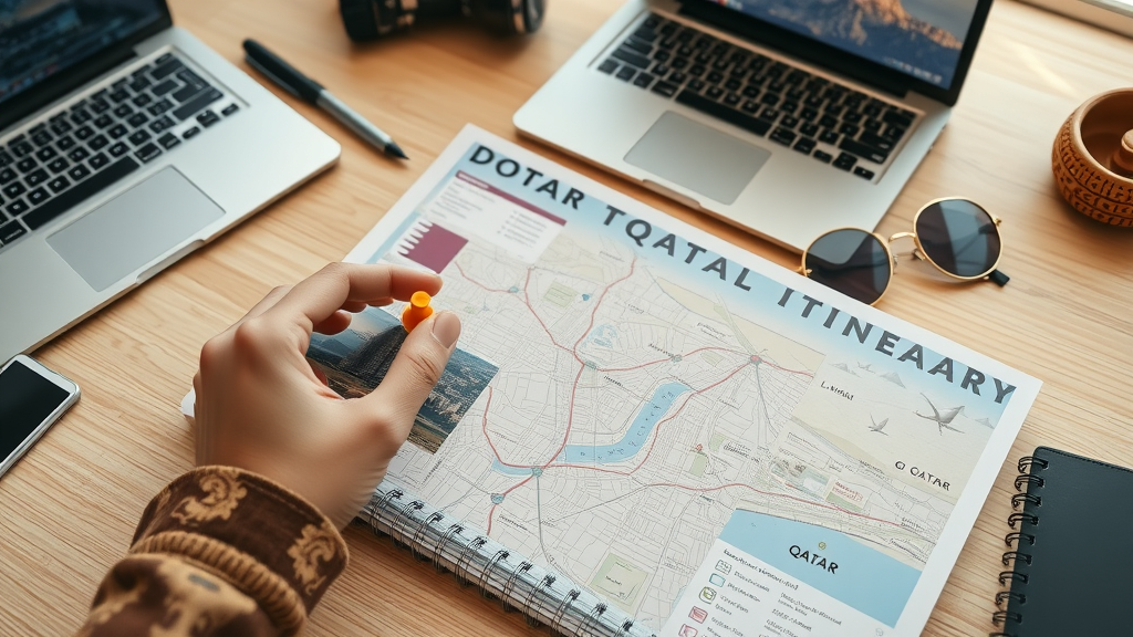 Doha itinerary planning, places to visit in Doha, desk with travel map and tickets, photorealistic