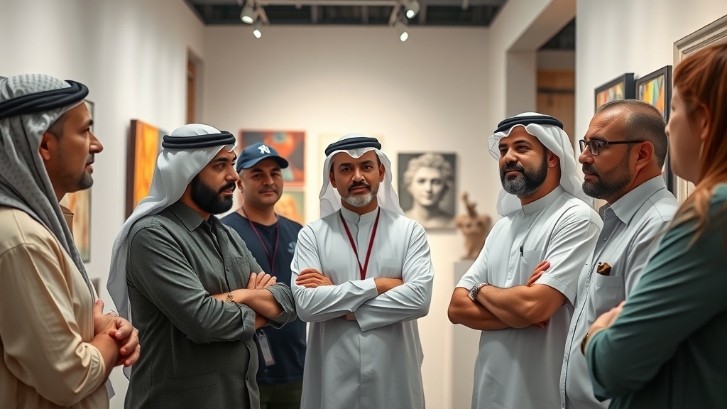 Confident Qatari and international artists in a modern gallery, discussing artwork and techniques, shaping Qatar’s cultural identity.