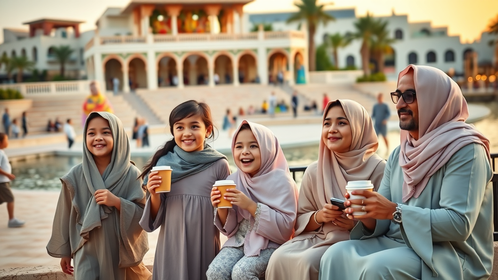 Vibrant family outing at Katara Cultural Village, delighted expressions as children watch an open-air performance, parents sipping coffee at a waterfront café, Photorealistic, ornate amphitheatre and colorful public art, katara cultural village, golden hour