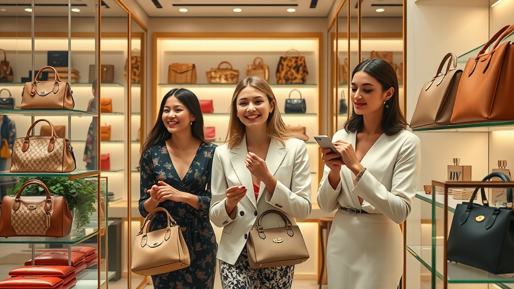 Luxurious fashion boutique interior, elegantly dressed shoppers, browsing designer handbags, shelves with high-end fashion brands.