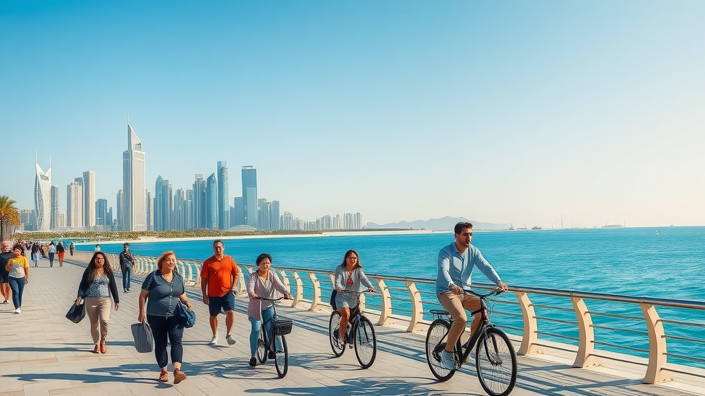 panoramic Doha Corniche promenade, families strolling and cycling, cityscape of West Bay towers and blue Persian Gulf, doha sightseeing
