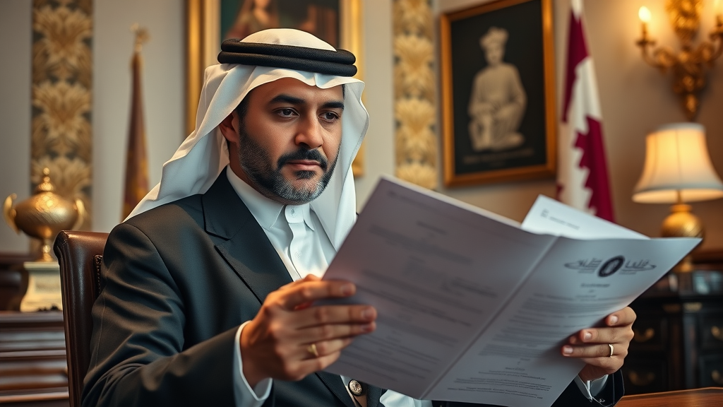 dignified Al Thani family member, reviewing diplomatic documents in a stately office showcasing Qatari emblems, Qatar international relations