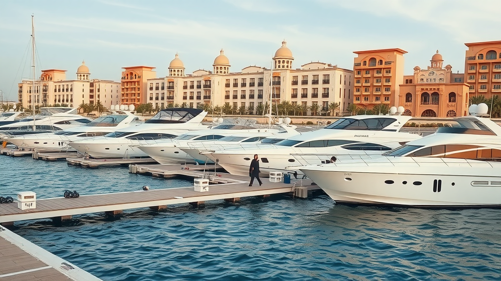 Luxurious marina setting at The Pearl-Qatar, elegant yachts, Mediterranean-inspired waterfront and families strolling.
