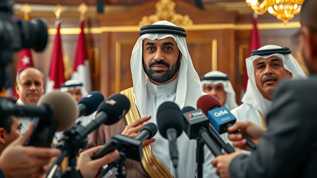 Distinguished Arab leader in traditional Qatari attire, engaging in a press interview with journalists, context on qatar politics and leadership