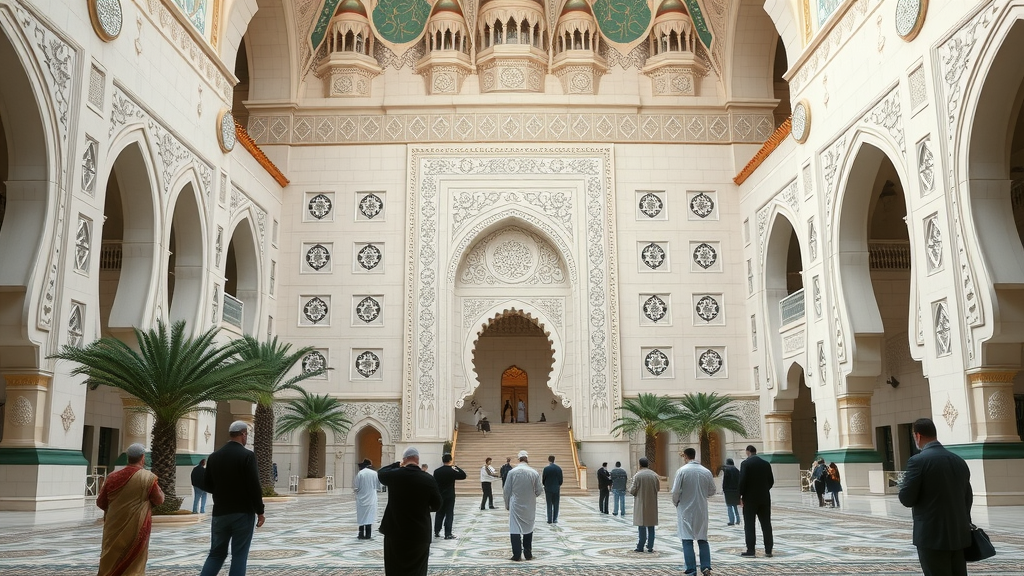 Majestic historic mosque in Doha, peaceful, people respectfully entering for prayer, heritage mosque, Islamic architecture, lush courtyard, cultural sites in doha