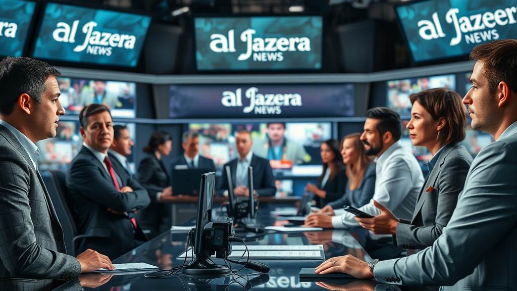 Modern newsroom with diverse journalists, Al Jazeera logo, and breaking news screens—Al Jazeera reporting Qatar current events globally