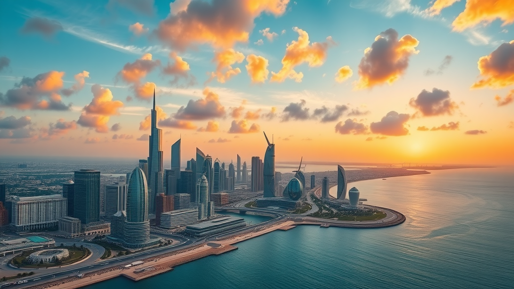 Vibrant aerial view of Doha skyline at sunset, showcasing iconic skyscrapers and waterfront, with Arabian Gulf and Corniche visible, golden hour lighting. doha tourist attractions