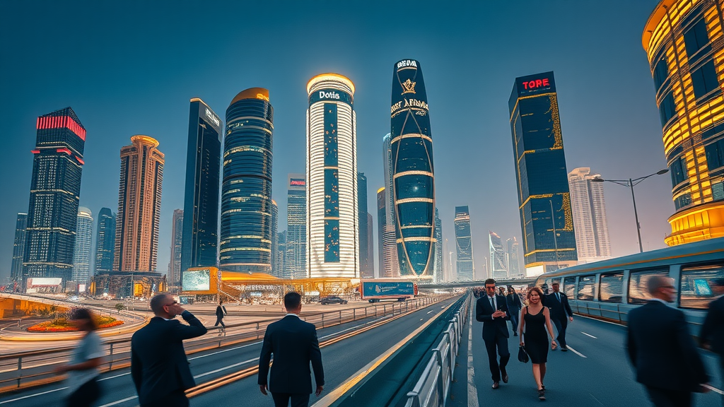 dynamic Doha business district skyline qatar business news energetic business professionals nighttime modern skyscrapers lit up