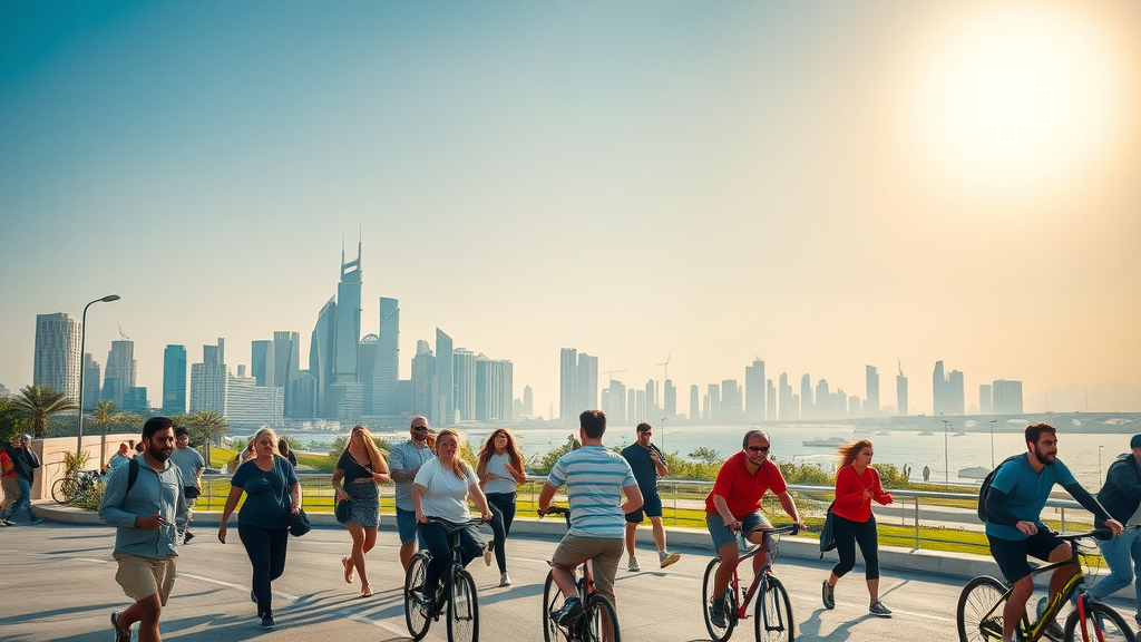 Outdoor activities in Doha cityscape with people jogging, cycling and walking under a sunny blue sky