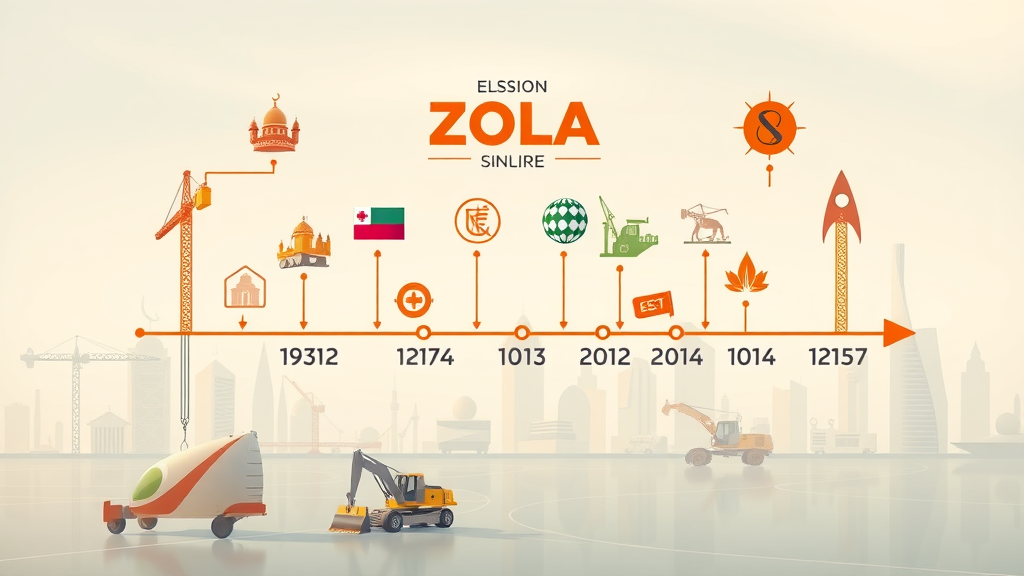 Timeline infographic of Qatar government announcements and construction equipment market shifts with Doha landmarks