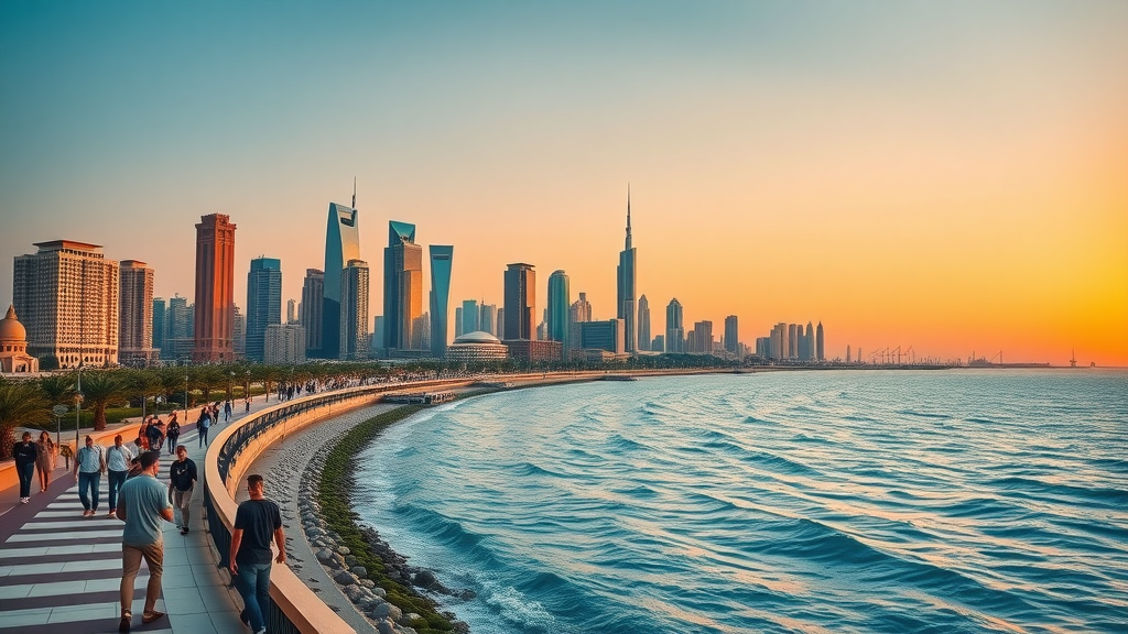 Vibrant panoramic Doha skyline at sunset with Corniche promenade and Persian Gulf for doha what to visit guide
