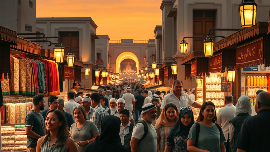 Busy Souq Waqif market at sunset, traditional Qatari architecture and spice stalls - things to do in Doha Qatar