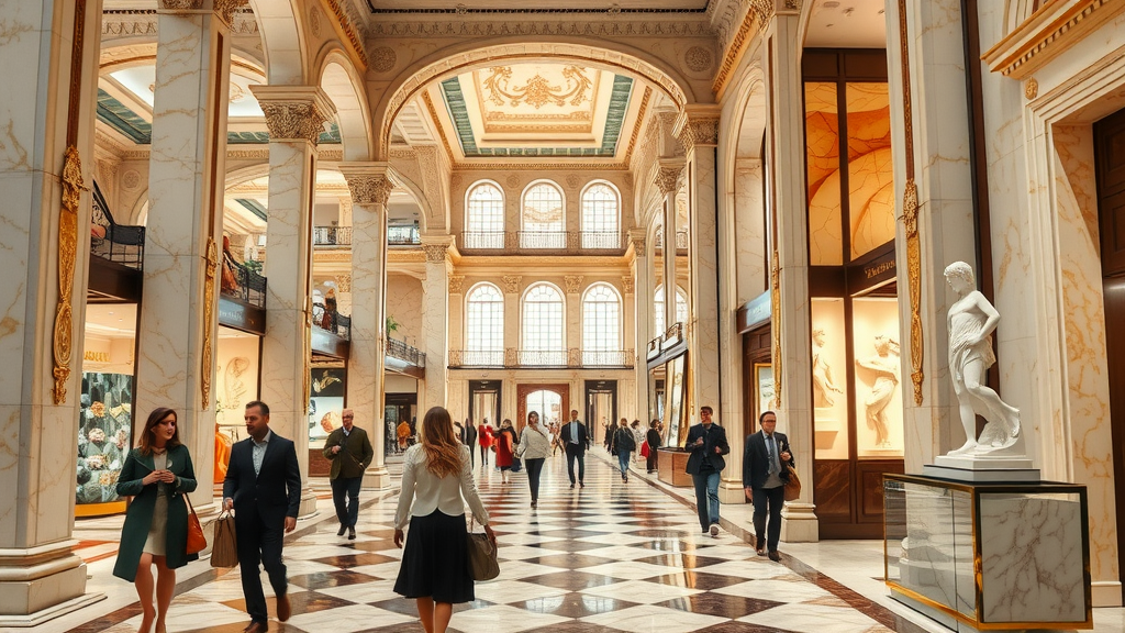hazm mall opulent marble shopping gallery elegant shoppers appreciating artwork grand colonnades modern sculptures gold marble textures