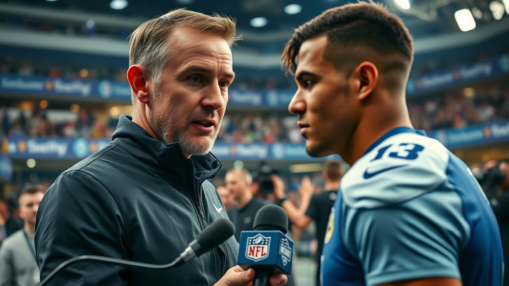 sports journalist interviewing football player in Qatar sports news press room; deep blues and whites, microphones, branded backdrops—qatar sports news exclusive coverage