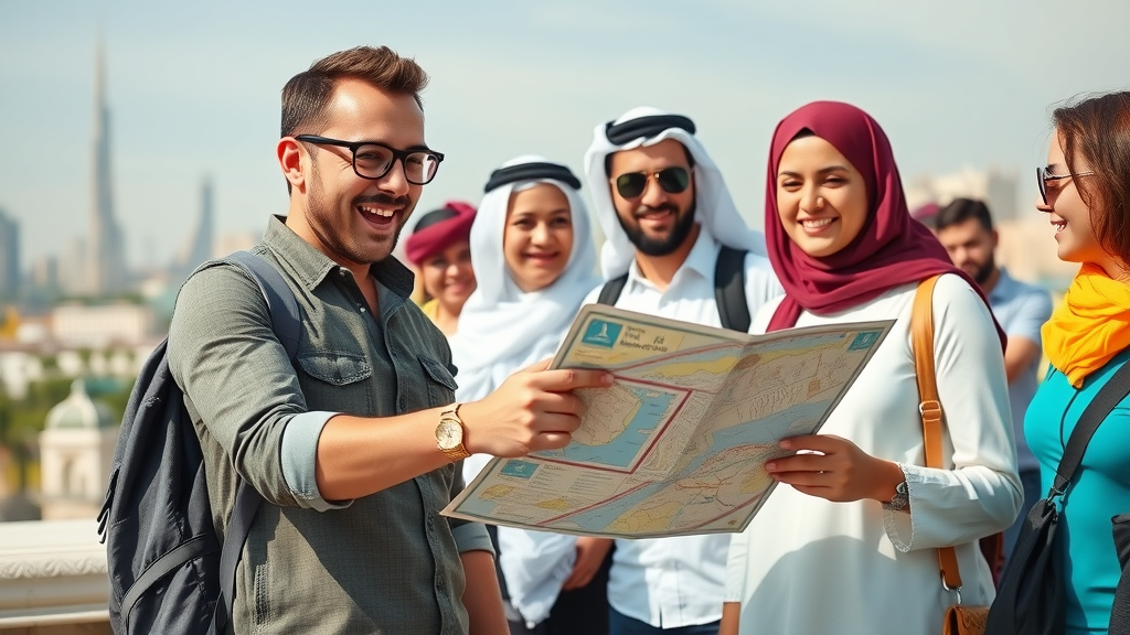 friendly local guide helping international tourists in Doha, enthusiastic expressions, famous landmark cityscape, doha sightseeing