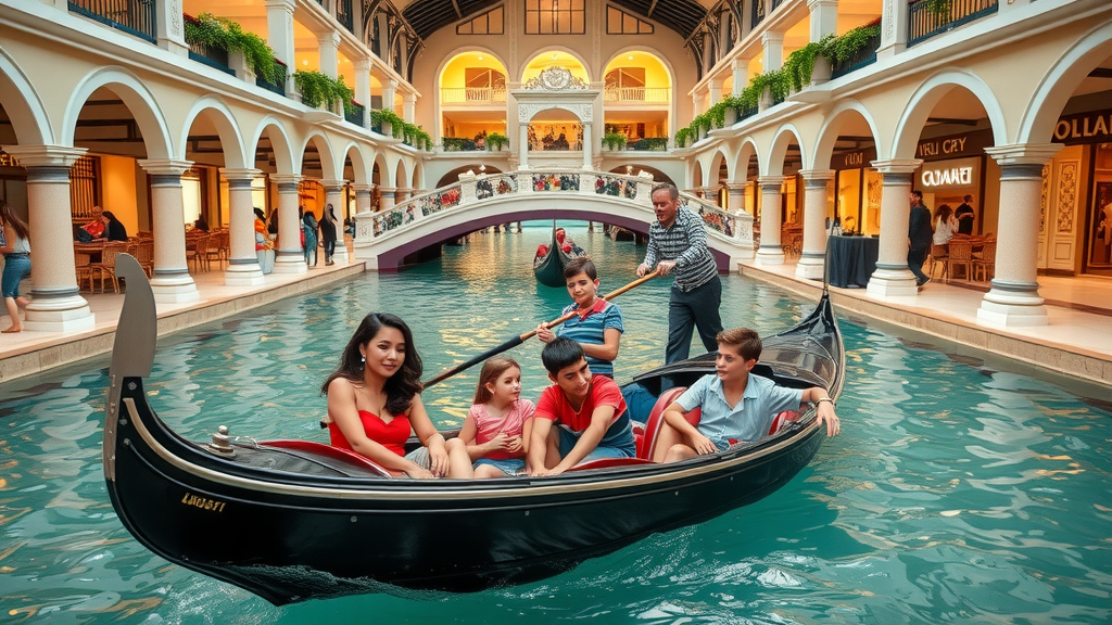 Charming Villaggio Mall indoor canal, families and children on gondola rides, grand Venetian-themed mall interior