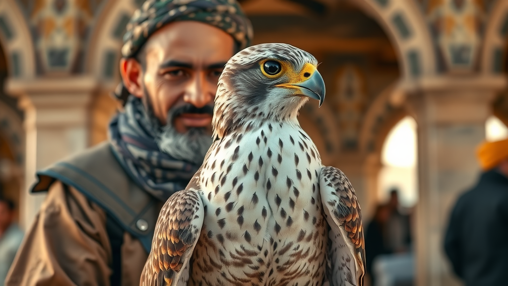 Close-up of a falcon at Falcon Souq, falconer gently handling bird, traditional souq setting with wooden arches