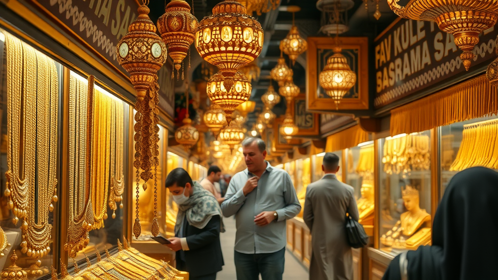Traditional Gold Souq in Doha with opulent gold jewelry displays and shoppers browsing ornate stalls. gold souq falcon souq doha tourist attractions