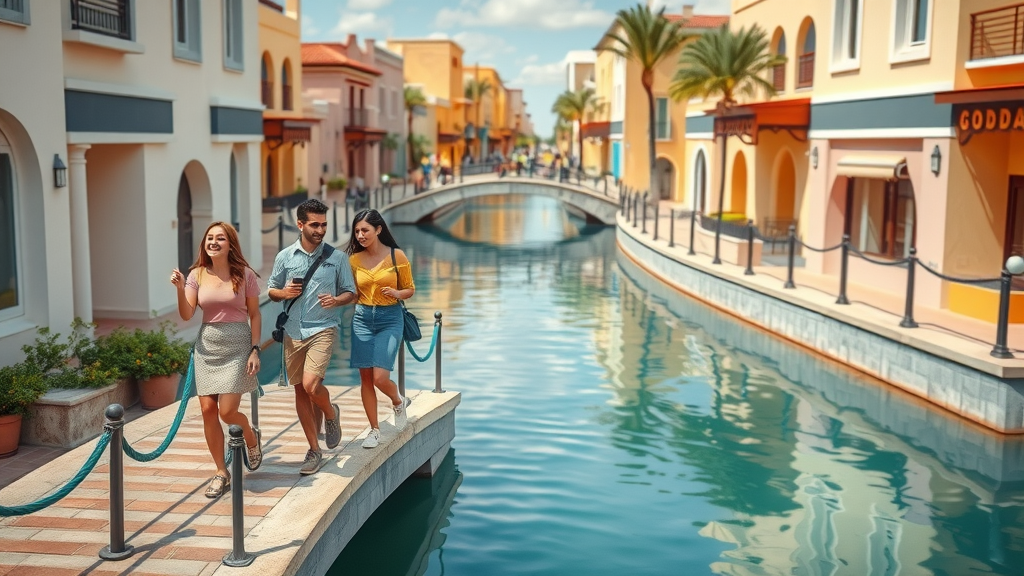 Scenic canal at Qanat Quartier, friends exploring, crossing picturesque bridge, European-inspired colorful buildings and winding waterways