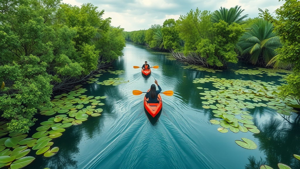 Kayakers in Al Thakira mangroves, lush greenery and calm water, outdoor activity near Doha
